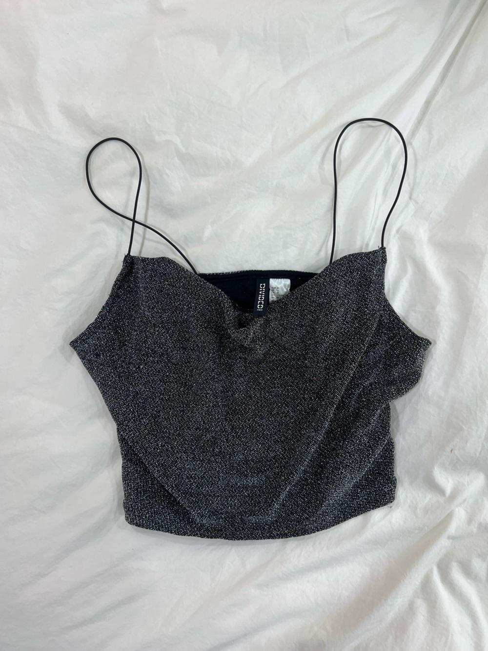 Divided Silver-Charcoal Sparkle Cowl Crop Cami